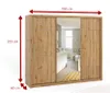 A sliding door wardrobe with a mirrored center panel, shown with dimensions indicated. Produktbild-Vorschau