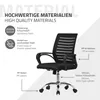 A black ergonomic office chair with various features highlighted by text labels. Produktbild-Vorschau