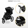 A black stroller is shown with close-up insets highlighting its features. Náhled obrázku produktu