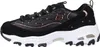 A side view of a black Skechers sneaker with rose gold accents and a white sole. Voir les images du produit