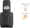 A Gigaset A116 cordless phone with its charging base, shown with marketing text and icons highlighting its features. Produktbild-Vorschau