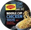 The image shows the lid of a Maggi Magic Asia Noodle Cup with a chicken flavor, featuring a dragon illustration and a serving suggestion of the prepared noodles. Produktbild-Vorschau