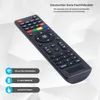 A black remote control is shown diagonally on a light gray and white geometric background. Text overlays describe features and the seller's credentials. Produktbild-Vorschau