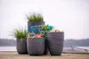 Four planters with grass and recycled materials on a wooden dock by the water. Náhľad obrázku produktu