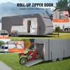 A collage showing a travel trailer cover in use and close-ups of its features. Podgląd zdjęcia produktu