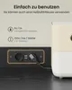 A close-up view of a power strip with USB ports and AC outlets, with text overlays describing its features and usage. Voir les images du produit