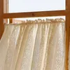 A close-up view of a sheer, patterned curtain hanging from a wooden rod. Produktbild-Vorschau