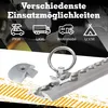 Marketing image showing different applications of a tie-down rail system with icons for car, truck, and RV, and close-ups of the rail and fittings. Produktbild-Vorschau