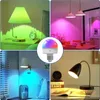 Collage of four scenes showing different uses of LED light bulbs, with a central close-up of a multicolor LED bulb. Produktbild-Vorschau