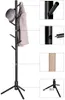 A black coat rack with a tripod base, a hat and a jacket hanging on it. Inset images show details of the coat rack's construction. Podgląd zdjęcia produktu