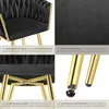 A collage of four images showcasing different aspects of a black velvet dining chair with gold legs. Náhled obrázku produktu