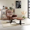 A brown leather-look recliner chair and ottoman are set up in a living room with a bookshelf, lamp, and decorative items. Produktbild-Vorschau