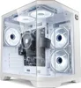 A white gaming PC with glass panels, showcasing internal components and illuminated fans. Produktbild-Vorschau