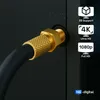 A close-up shot of a coaxial cable connector being plugged into an 'ANT IN' port on a black device. Overlayed text highlights product features like 3D Support, 4K Ultra HD, and 1080p Full HD. Produktbild-Vorschau