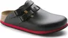 A single black Birkenstock clog-style sandal with red trim and black buckles, shown from a three-quarter side view on a white background. Podgląd zdjęcia produktu
