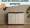 A storage box is placed against a wall with plants on either side. Text overlays suggest it is suitable for indoor use. Produktbild-Vorschau