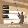 A woman is using a cordless vacuum cleaner to clean a vent on the ceiling. There are informational callouts on the left side of the image. Produktbild-Vorschau