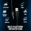 A graphic showing a USB and 3.5mm jack connector with icons and text indicating multi-platform compatibility for gaming devices and computers. Produktbild-Vorschau