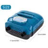 A blue and black electric air pump with a digital display and two hose attachments, shown from a slightly elevated front-diagonal angle. Dimensions are indicated with lines and text. Podgląd zdjęcia produktu