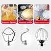 A collage of a stand mixer's different attachments and their uses in making dough and egg whites. Anteprima dell’immagine prodotto