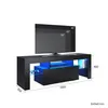 A black TV stand with blue LED lighting, shown with dimensions and suggested TV sizes. Anteprima dell’immagine prodotto