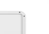 A close-up view of the corner of a white rectangular mirror frame, showing two small black hanging hooks attached to the back of the frame. Produktbild-Vorschau