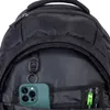 Close-up view of the inside of a black backpack, showing a phone and pens in pockets. Voir les images du produit