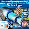 A close-up, detailed illustration of a bicycle lock mechanism, highlighting its protective features with glowing blue internal components and sparks from a drill attempting to penetrate it. Text overlays describe the technology and awards. Produktbild-Vorschau