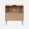 A wooden cabinet with an open top shelf and a closed bottom compartment. Anteprima dell’immagine prodotto