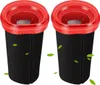 Two black cylindrical filters with red tops are shown against a white background, with green leaf graphics scattered around them. Produktbild-Vorschau