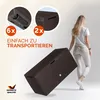A woman is shown pulling a large brown storage box, with close-up insets highlighting features. Produktbild-Vorschau