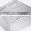 Close-up views of the white tent fabric and its white metal frame, showing how the fabric is attached to the frame with clips and ties. Produktbild-Vorschau