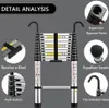 A detailed analysis of a telescopic ladder, highlighting its features with close-up images and text labels. Produktbild-Vorschau