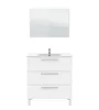 A white bathroom vanity with a mirror above it. Produktbild-Vorschau