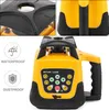 A collage of images showing a yellow rotary laser level, including close-ups of its top and side, and icons indicating its waterproof and dustproof features. Anteprima dell’immagine prodotto