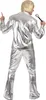 A man wearing a silver disco costume and a blonde wig, holding a microphone and pointing his finger. Produktbild-Vorschau