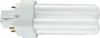A close-up, side view of a compact fluorescent light bulb with a white base and two glass tubes. Produktbild-Vorschau