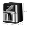 A digital rendering of a black and silver air fryer with dimensions indicated. The screen displays temperature and time. Voir les images du produit
