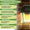 A solar-powered outdoor light mounted on a brick wall, with a list of its features on the left side of the image. Produktbild-Vorschau