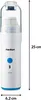A white and blue handheld vacuum cleaner with a transparent top, shown with measurement indicators for height and width. Produktbild-Vorschau