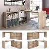 A collage of images showing a modular desk with shelving units, including a main image of the desk set up in a home office environment and smaller images showing different configurations. Náhled obrázku produktu