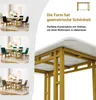 Collage of dining table setups with different chair colors and a close-up of the table's golden metal legs and white marble-patterned top. Podgląd zdjęcia produktu