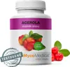 A product shot of a bottle of Acerola supplement with images of acerola cherries and leaves. Náhled obrázku produktu