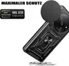 A black phone case with a ring holder and camera cover is shown at an angle, with debris scattered below it, suggesting it has been dropped. Produktbild-Vorschau