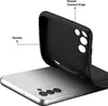 A black phone case is shown being placed onto a silver smartphone. Produktbild-Vorschau