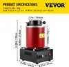 A product shot of a red and black electric melting furnace with product specifications and dimensions displayed. Anteprima dell’immagine prodotto