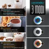 A collage showing different ways to use an electric milk frother, illustrating three different modes. Produktbild-Vorschau