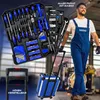 A man in a blue work uniform is walking with a rolling tool case. A large, open tool case filled with tools is displayed prominently. Produktbild-Vorschau
