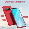 A red phone case is shown with text overlays highlighting its features. Produktbild-Vorschau