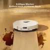 A white robot vacuum cleaner is shown on a wooden floor, cleaning up a spill and some debris. Náhľad obrázku produktu